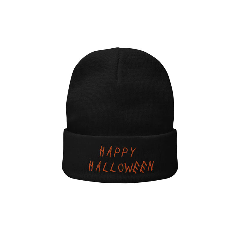 Happy Halloween Knit Beanie Black Orange