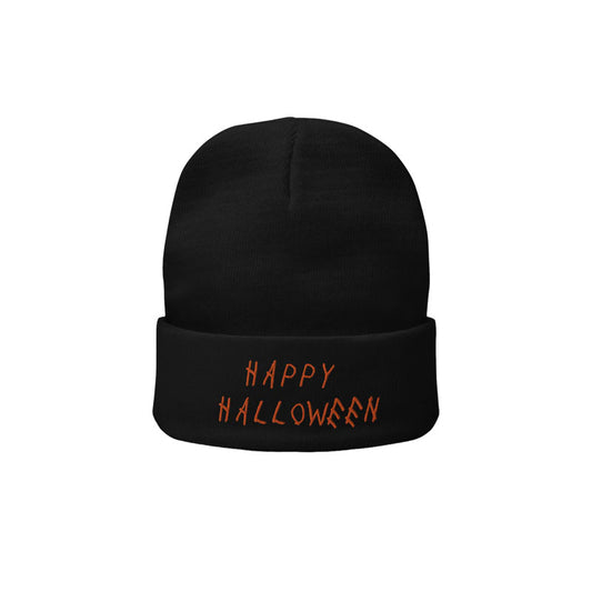 Happy Halloween Knit Beanie Black Orange